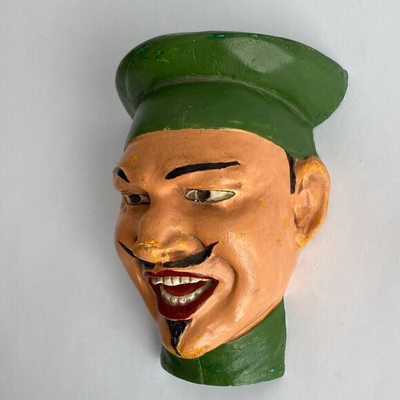 Vintage Chalkware String Holder Angry French Chef Green Beret - Picture 2 of 5
